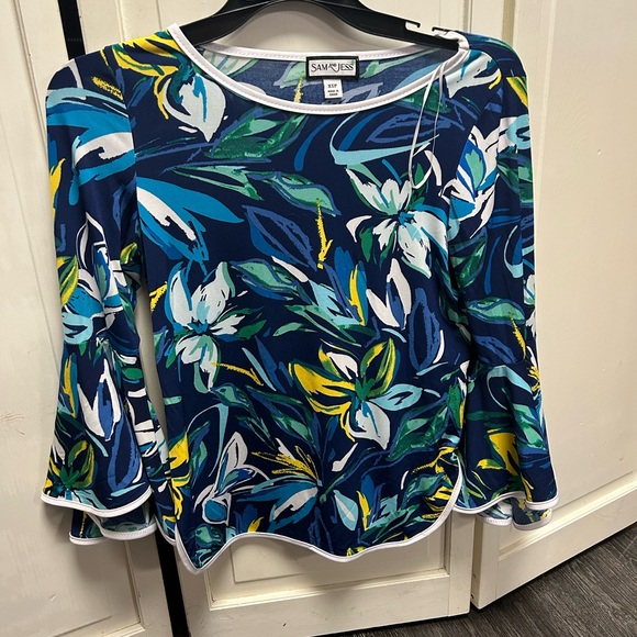 NWOT Tropical Floral Bell Sleeve Blouse - Blue and Green - Picture 2 of 3